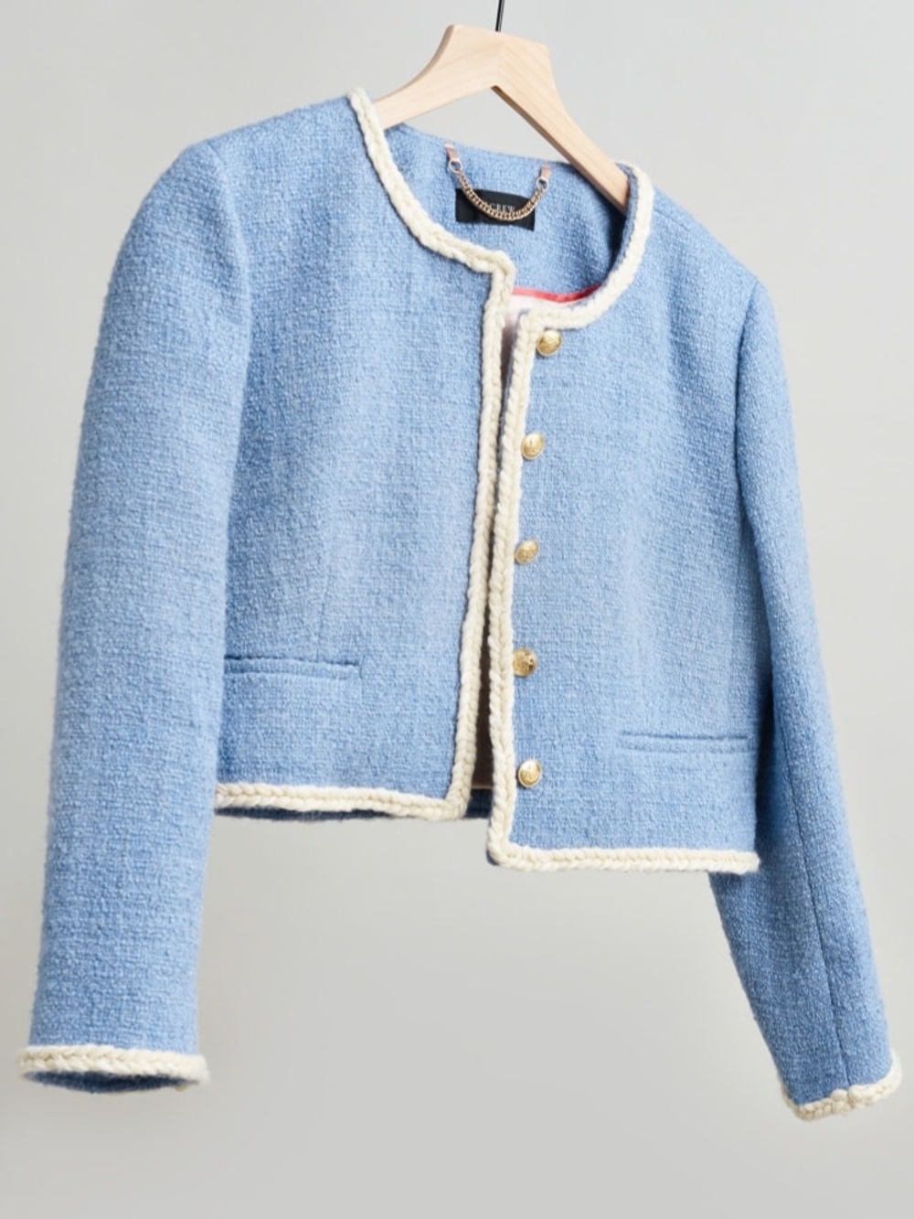 J. Crew Light Blue Tweed Louisa Cropped Lady Jacket with Cream Trim